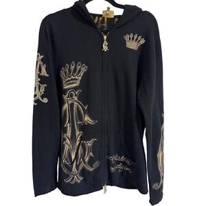 Christian Audigier Wool Cashmere Zip Hoodie Rhinestone BLK Crown Grenade Size M
